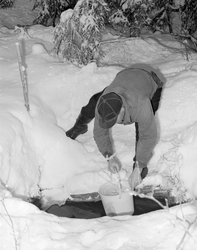 Skogsarbeider Johan Rasch henter vann i en kaldkilde ved Sma