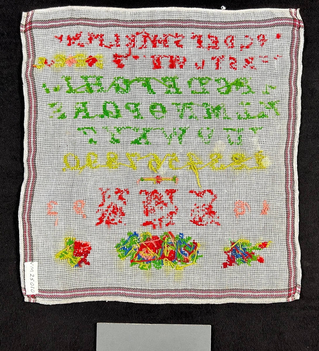 Märkduk på vit botten med korssömsbroderi i rött och grönt. Alfabetet och siffror broderade i rader, Undertill ett monogram: S.M.N. och årtalet 1893. Längst ned blommor.