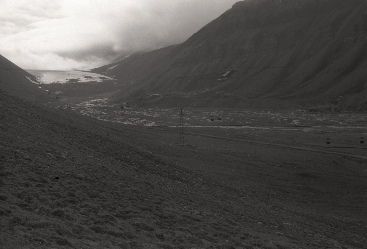 Utsikt mot Svedrupbyen sommeren 1951.  Bildet fra en botanisk tur til Svalbard. Turen foregikk Sven-Erik Sandermann Olsen sammen med Carl-Erik Reenberg, begge farmaceuter med passion for botanik.