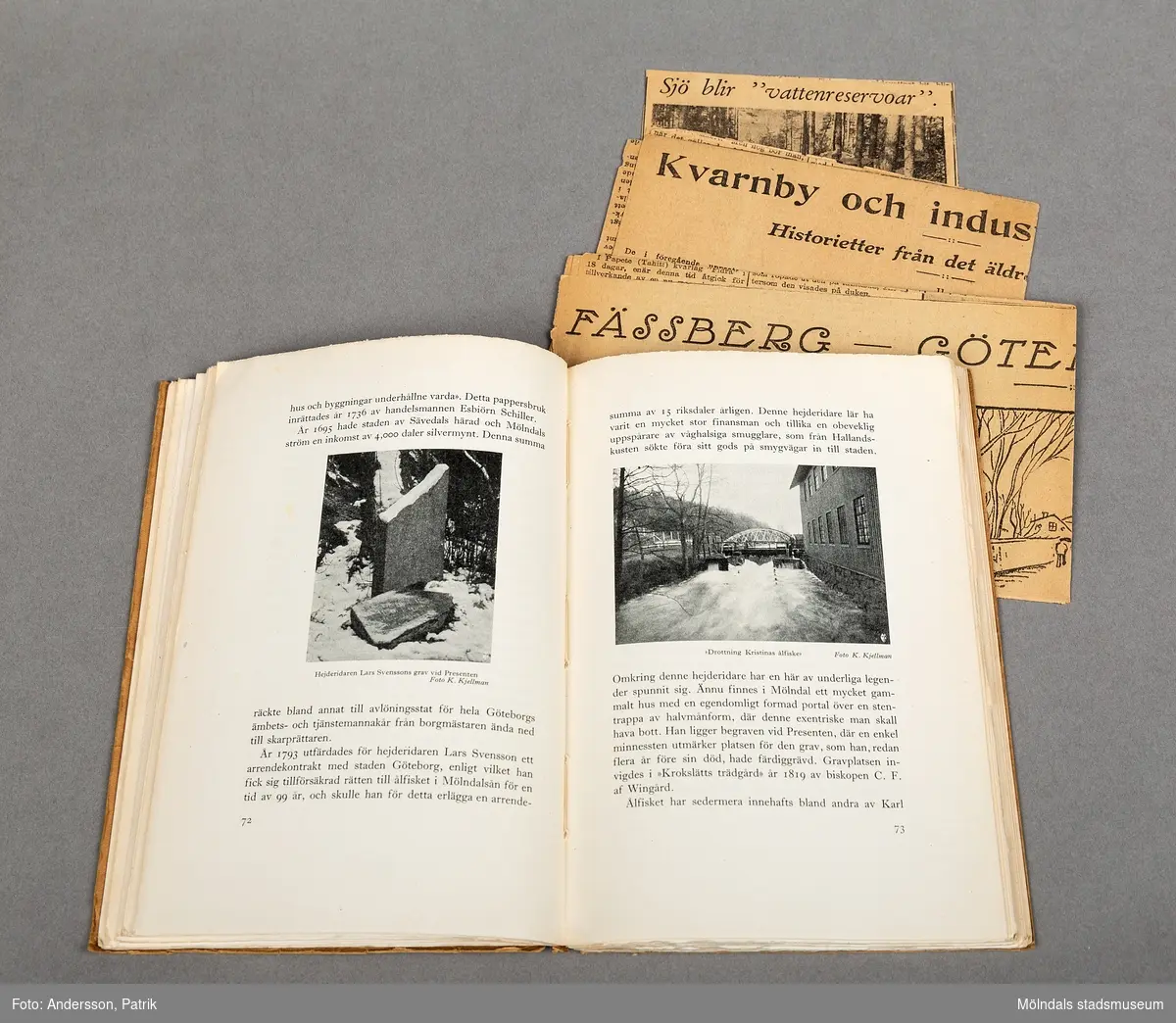 En minnesskrift om Fässbergs socken och Mölndals Kvarnby. Skriften är i bokformat med mjuk pärm. Utsiadan är av brun kartong och texten är tryckt med svarta tjocka bokstäver. 
Det finns en tecknad bild av en kvarn vid forsen i Kvarnbyn.