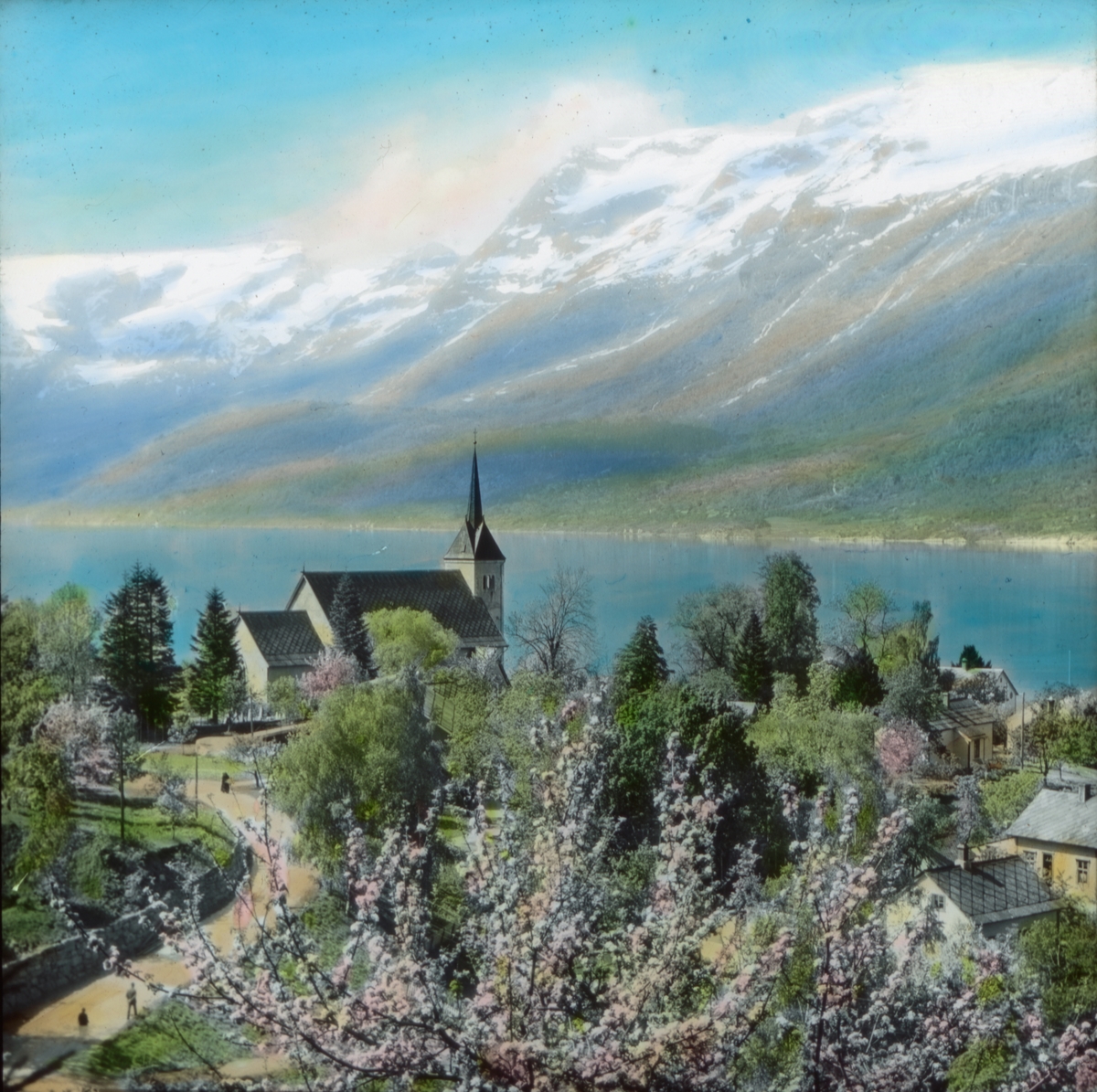 Håndkolorert dias. Utsyn over Hardangerfjorden med blomstrende frukttrær i forgrunnen. En kirke ligger på et nes. I bakgrunnen sees snødekte fjell. Del av Wilses serie kalt "Brudeferden". 