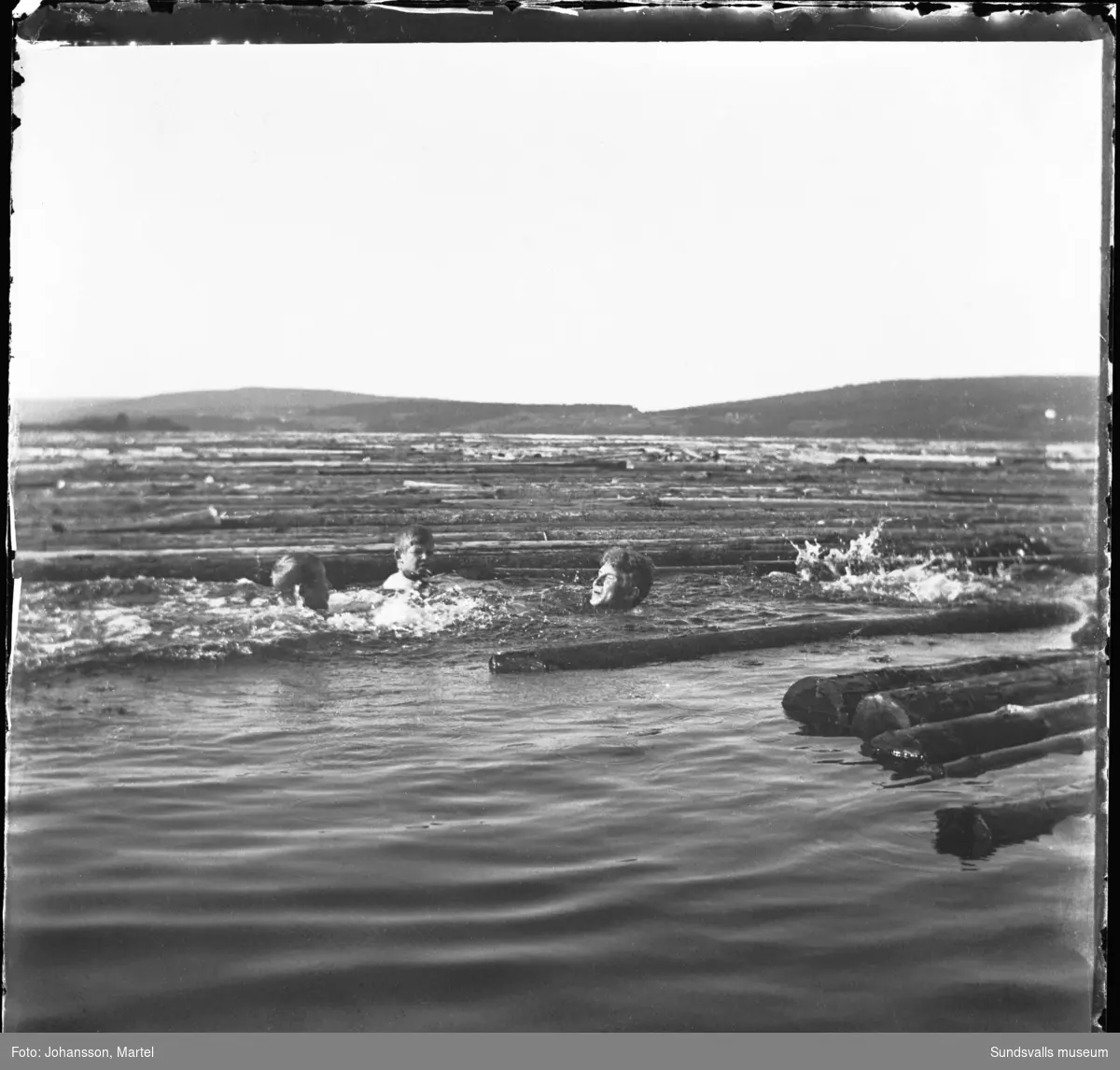 En man och två pojkar badar bland flottningstimmer i Marmen, Attmar.