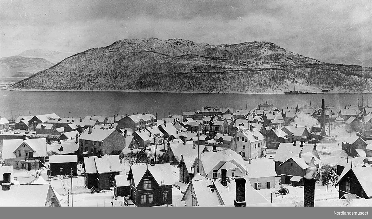 Utsikt over Harstad med en del av havnebassenget. Vi ser sentrumsbyen med mange hus. På den andre siden vises Gangsås med Vågsfjorden bak den.