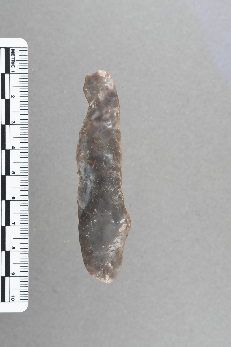 Tveegget spydspids av graabrun flint, dannet ved tilhugning, odden mangler, og der er et litet stykke borte av den ene egg. 8 cm lang, største bredde 2 cm. Fundet paa Langnes i Rødøy. Stenalderen