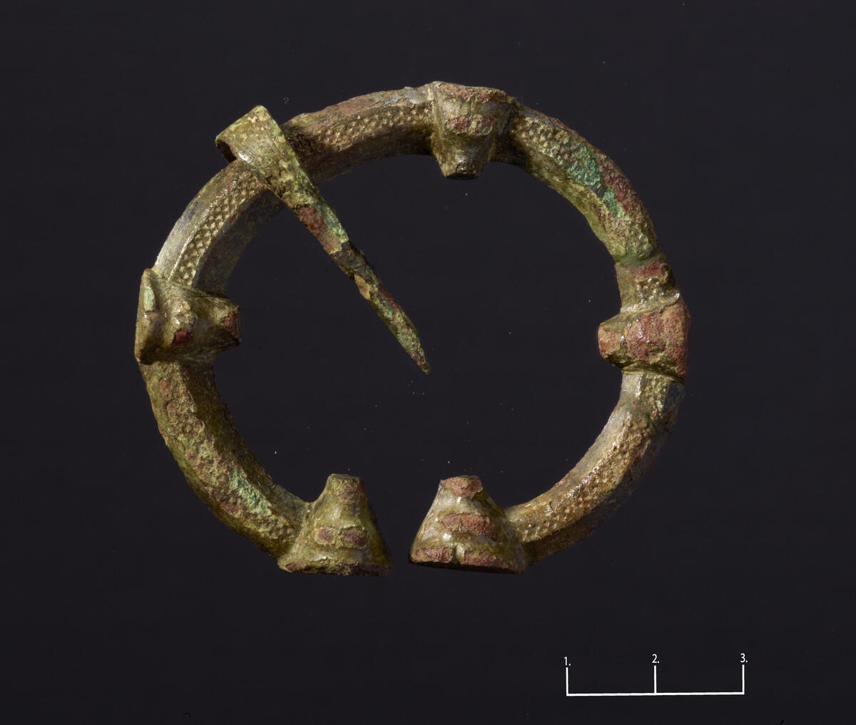 Ringspenne av bronse, funnet i 5 fragmenter. Utsmykket med 5 dyrehoder. Nålen til spennen ble funnet sammen med denne.