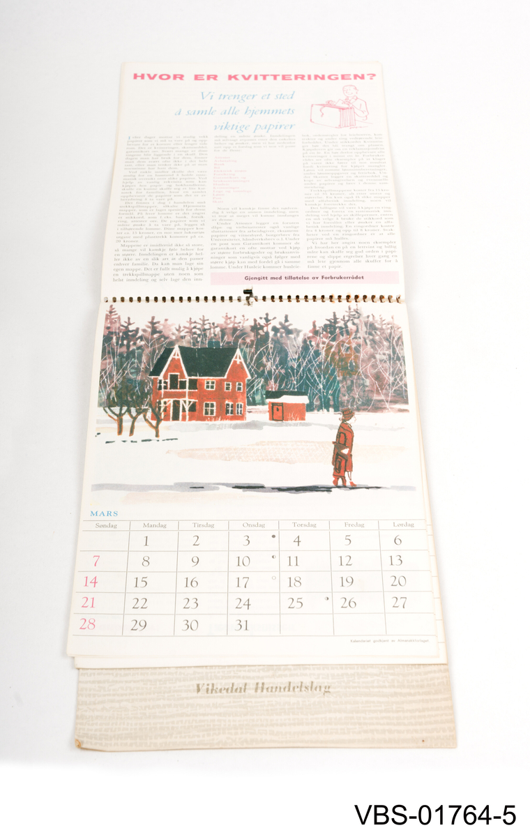 Vegg handelskalender for året 1965.
14 sider med tekst og illustrasjoner innvendig.
Omslaget viser en gutt i pyjamas og tøfler som sover i lenestol med vekkerklokke i hendene (kl. 23:55).