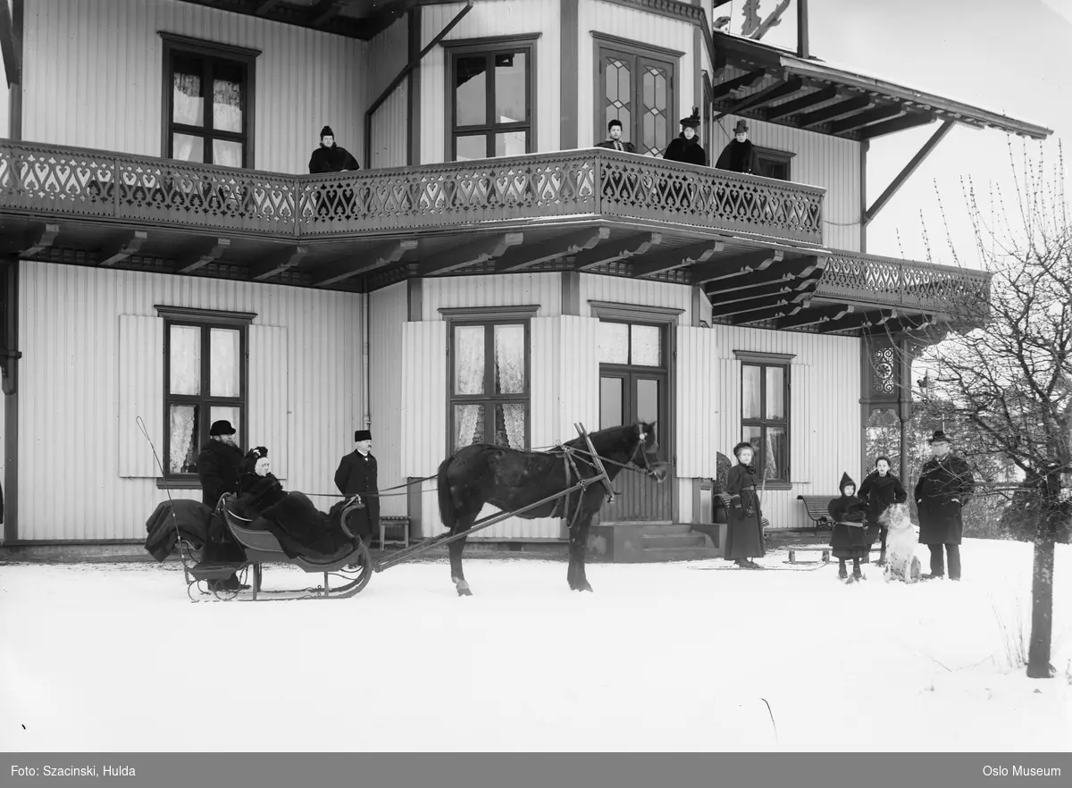 villa, veranda, mennesker, hest, slede, snø, benk