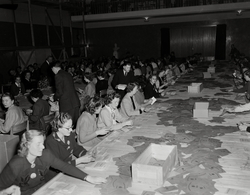Stortingsvalget 1949. Opptelling av oslostemmene i Rådhuset.