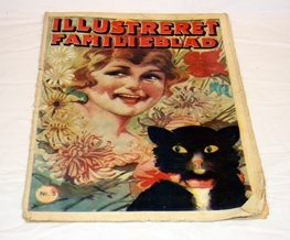 Ukeblad. Titel på forsiden. Kolorert tegning av smilende jente med katt, omkranset av blomster. Reklame på baksiden. Stiftet sammen.