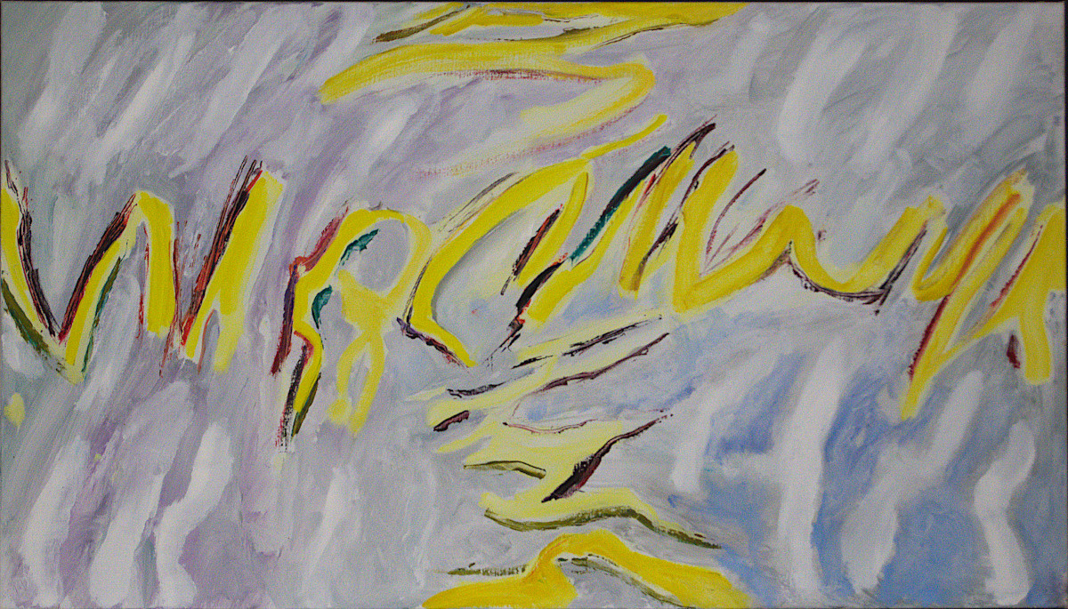 Abstrakt motiv med gule former sentralt.