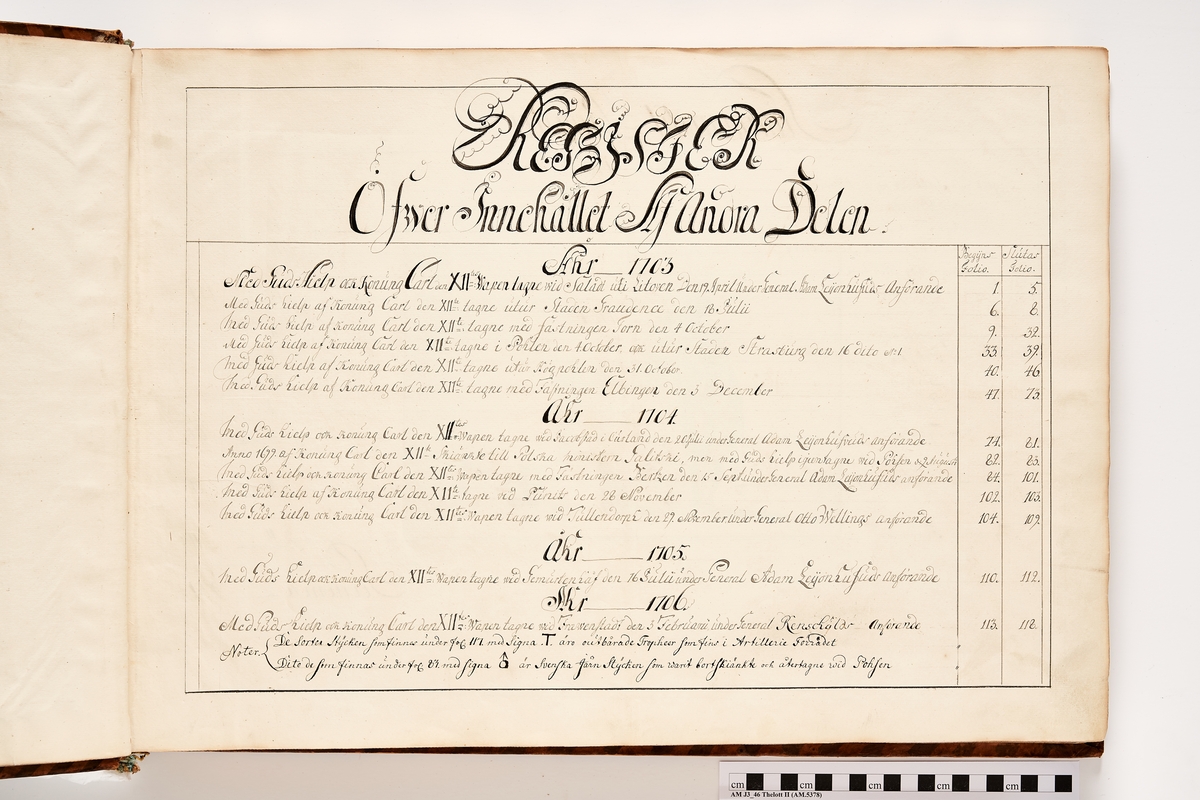 Inledning och register till bokverk med avbildningar föreställande eldrör tagna som troféer av den svenska armén åren 1703-1706, utförda av syskonen Anna Maria och Philip Jakob Thelott.