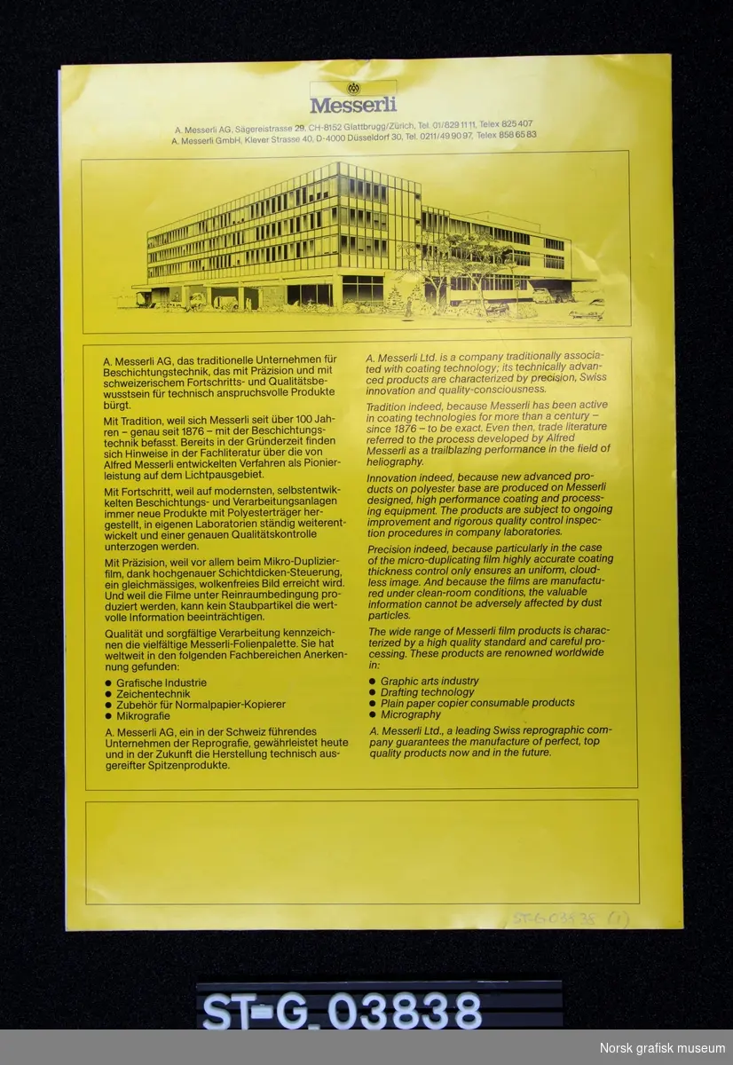 Fargerik folder som presenterer Messerli montasjefolie. Inni folderen er to prislister fra Norleas A.S, serigrafisk fagforretning, enkelt sort trykk på hvitt papir.