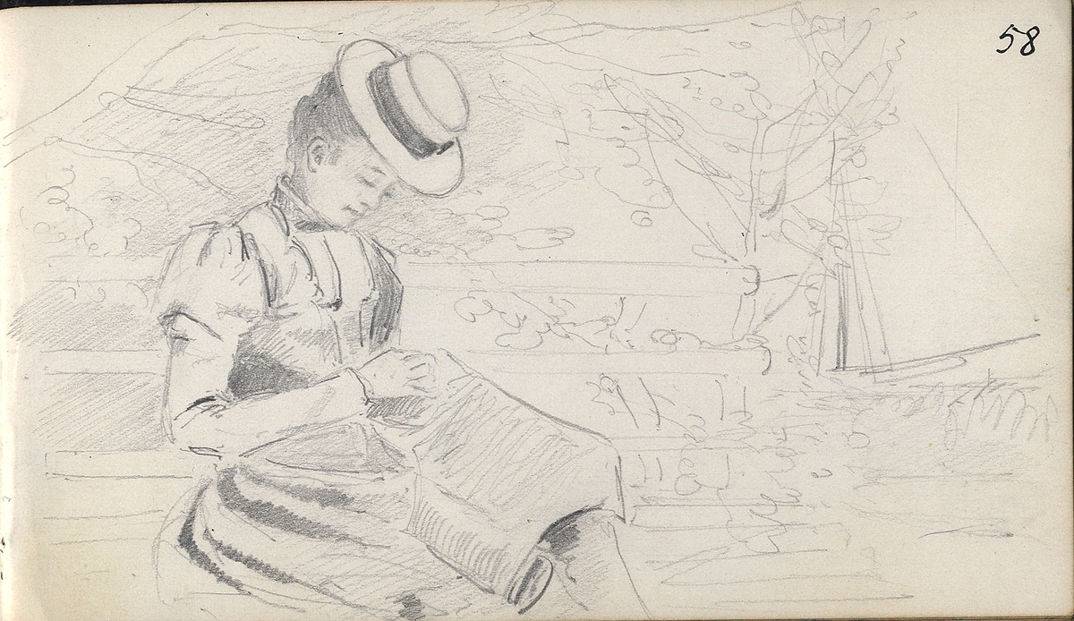 Skiss, blyerts. En kvinna i hatt och klänning sitter och handarbetar i en trädgård. I bakgrunden skymtar en segelbåt.
Knäbild, halvprofil.

Inskrivet i huvudbok 1975.