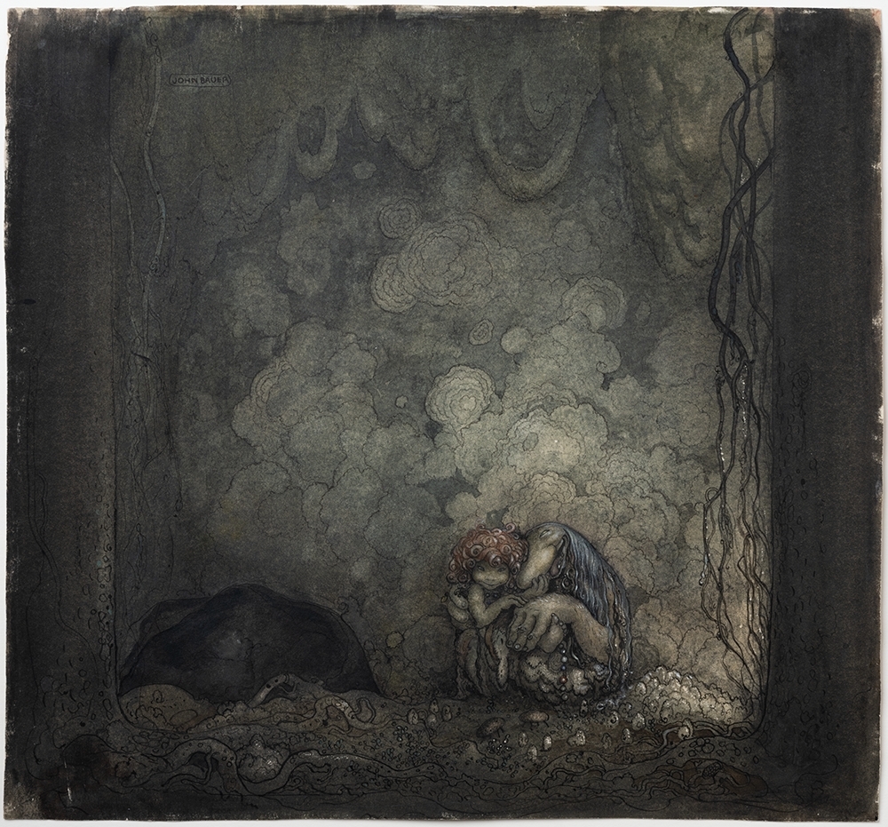 Akvarellmålning med detaljer i gouache och tusch. Föreställande trollungen Humpe som sitter omfamnad av sin mor i skogen. Grågrön och brun färgskala.