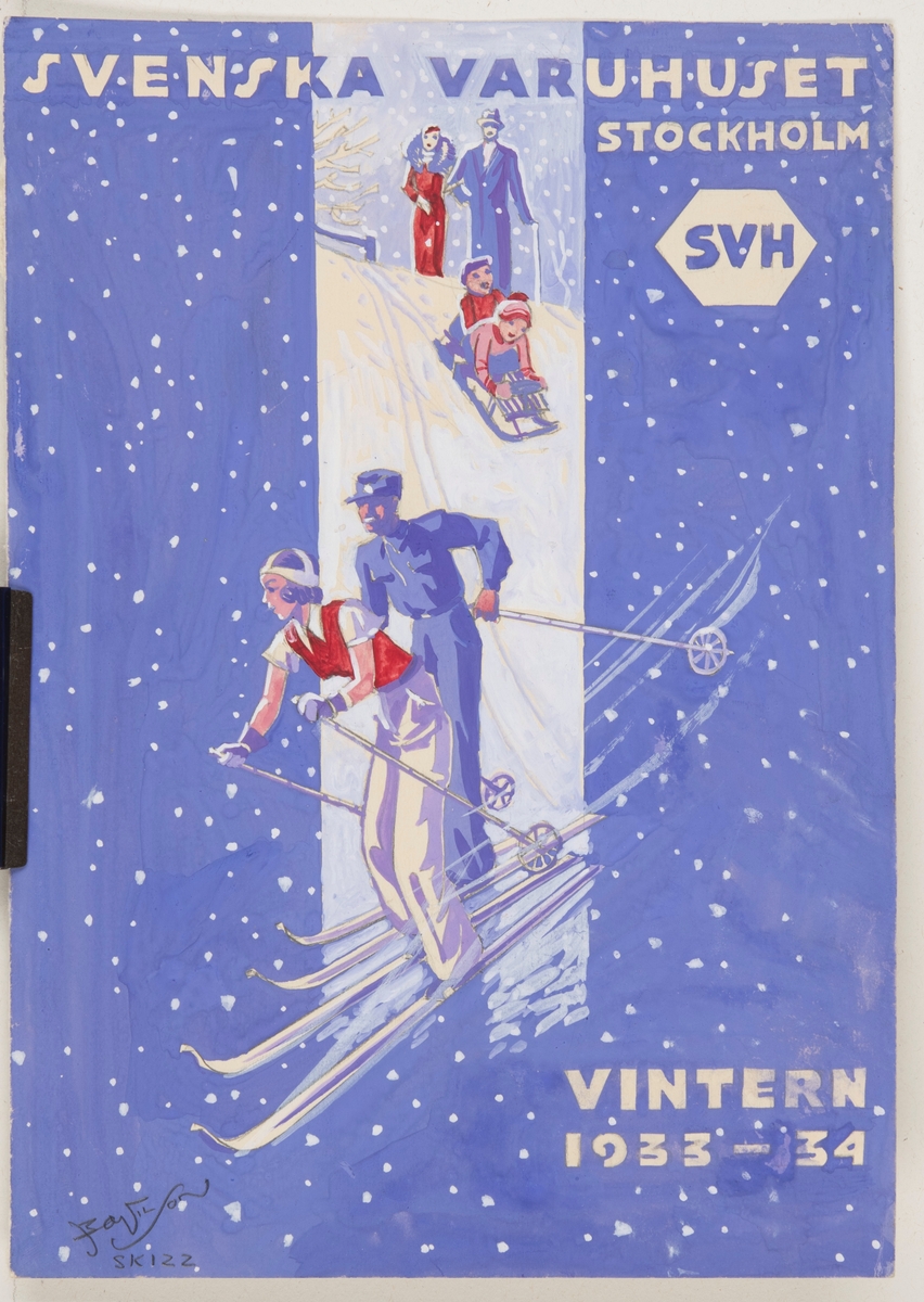 Skiss till reklamaffisch för "Svenska varuhuset Stockholm".

Illustrationen förest'ller en kvinna och en man som åker skidor. Bakom dem syns en backe täckt av snö som två barn åker kälke nedför. Längst upp står en kvinna och man, de håller armkrok. Bildens bakgrund är lila med vita prickar likt snöflingor.

På bildens övre kant står texten "SVENSKA VARUHUSET STOCKHOLM" samt en sexkantig symbol med bokstäverna "SVH". I bildens nedre högra hörn står texten "VINTERN 1933-34".