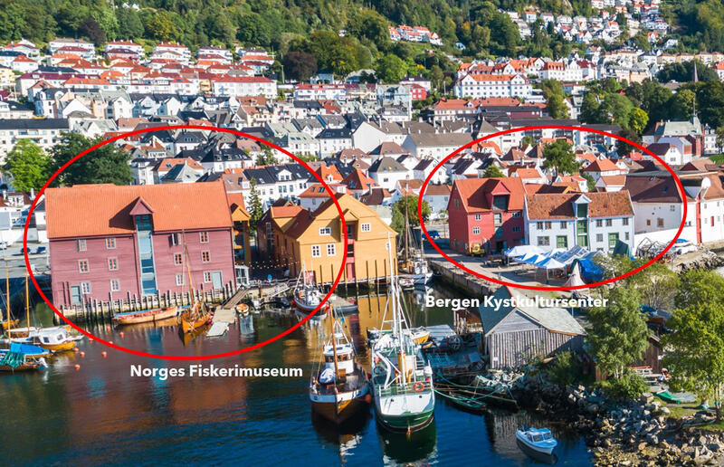 Bildet er et oversiktsbilde hvor Norges Fiskerimuseum er markert med en sirkel og det samme er Bergen Kystkultursenter, for å vise beliggenhet