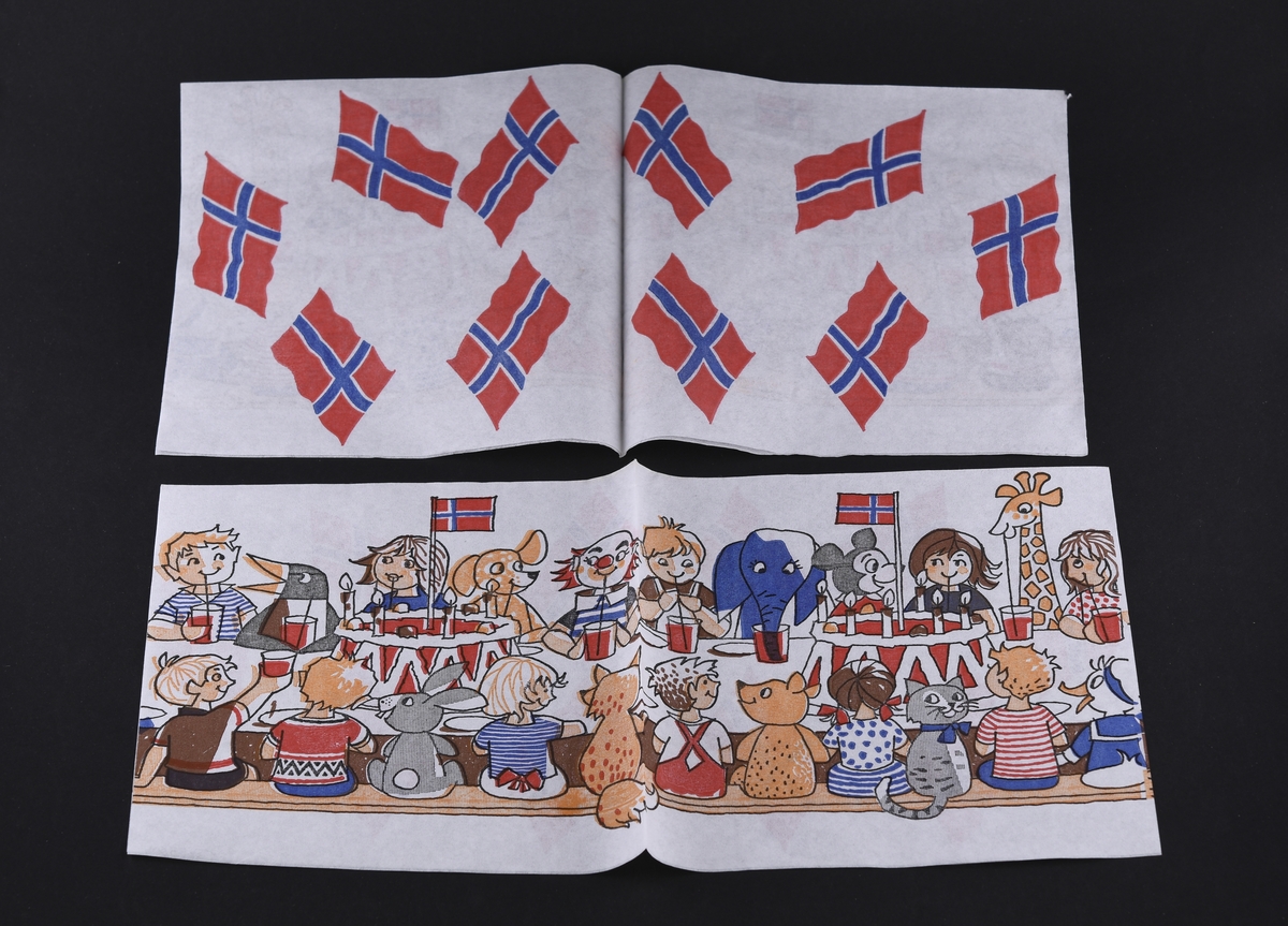 Ni servietter for bruk i barnebursdag. Serviettene har motiv av barneselskap med barn, dyr, klovner, kaker og norske flagg.
