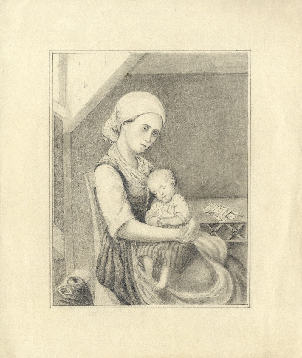 Skiss, blyerts. Studie av en kvinna i allmogedräkt med ett litet barn i famnen.
Knäbild, halvprofil.  

Inskrivet i huvudbok 1937.