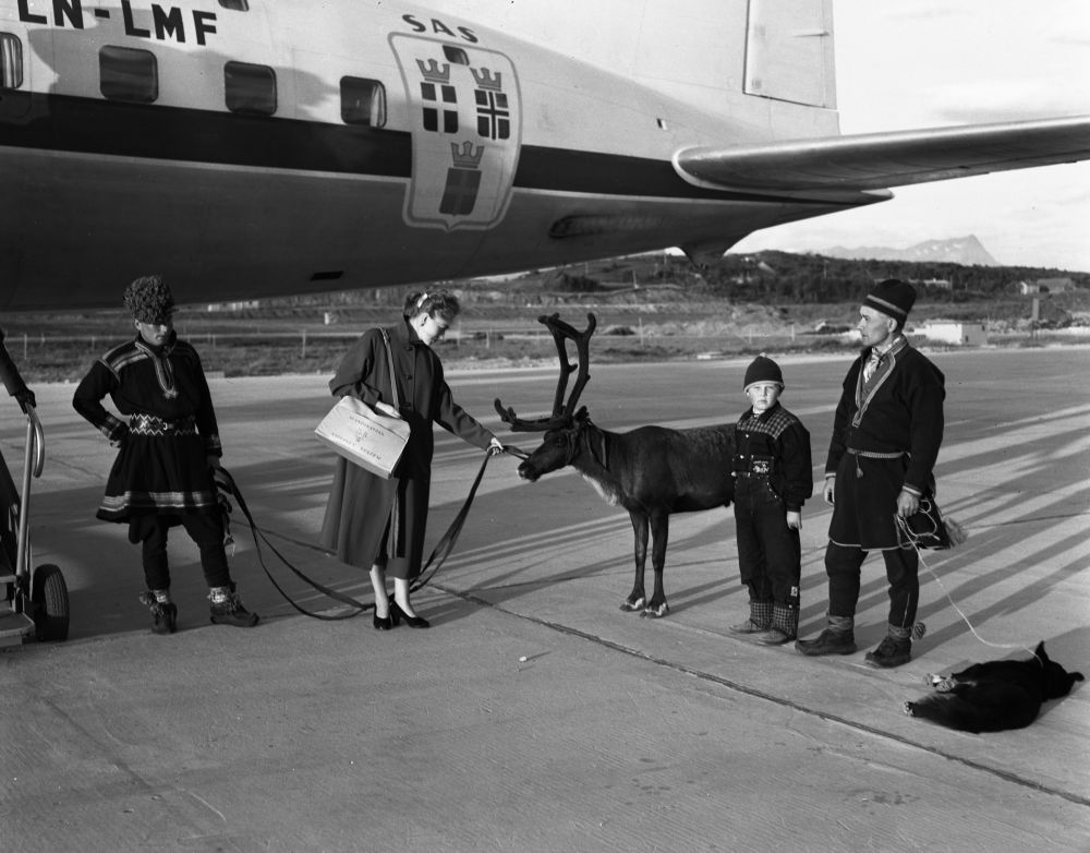 Familien Karlstad med hunden Dilko og et reinstyr står oppstilt sammen med en guide fra Bodø turistforening foran SAS' DC-6 "Agne Viking".
