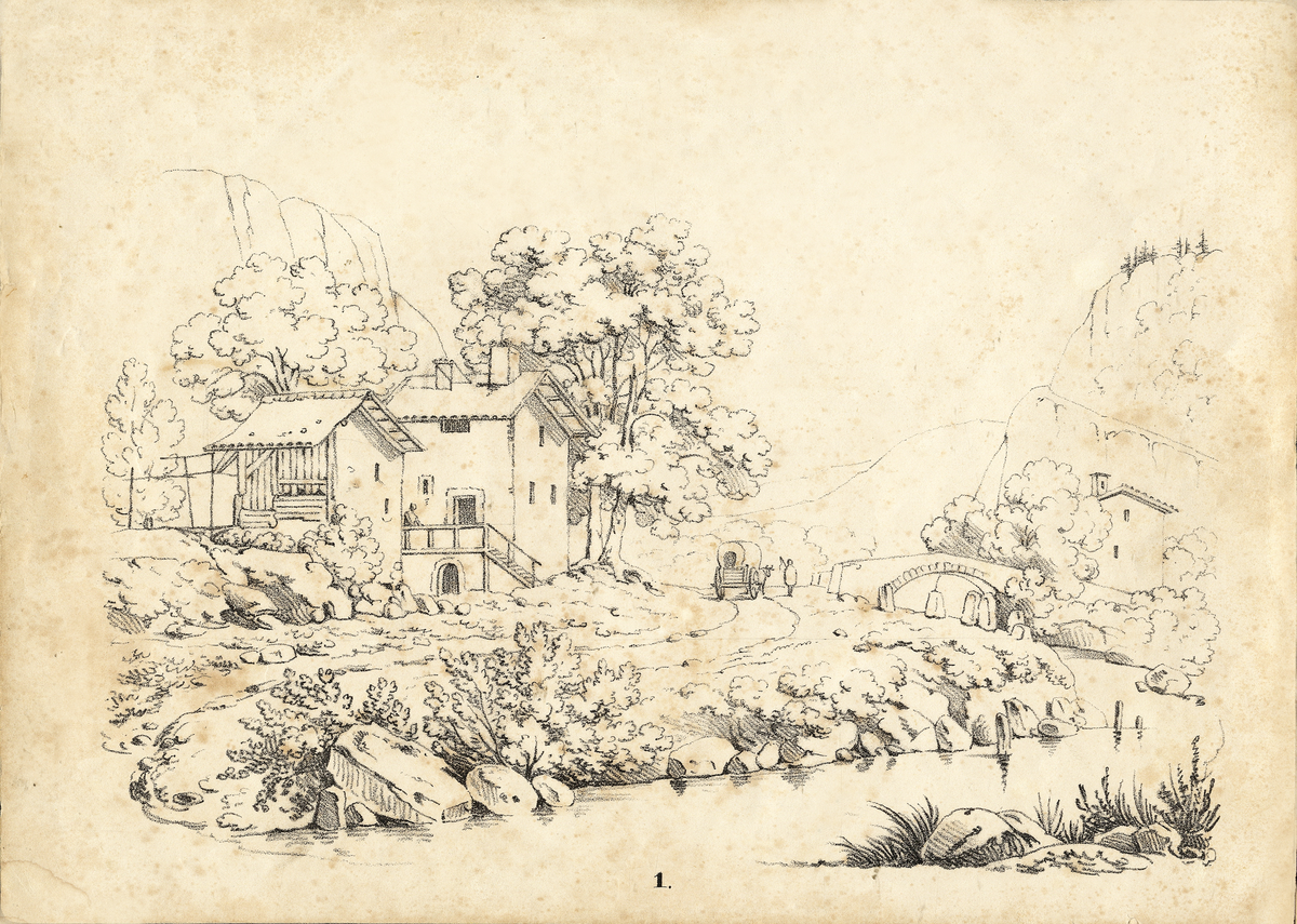 Skiss, blyerts. Ett sydtyskt landskap med en bondgård, en å med en stenbro över m.m.

Inskrivet i huvudbok 1950.