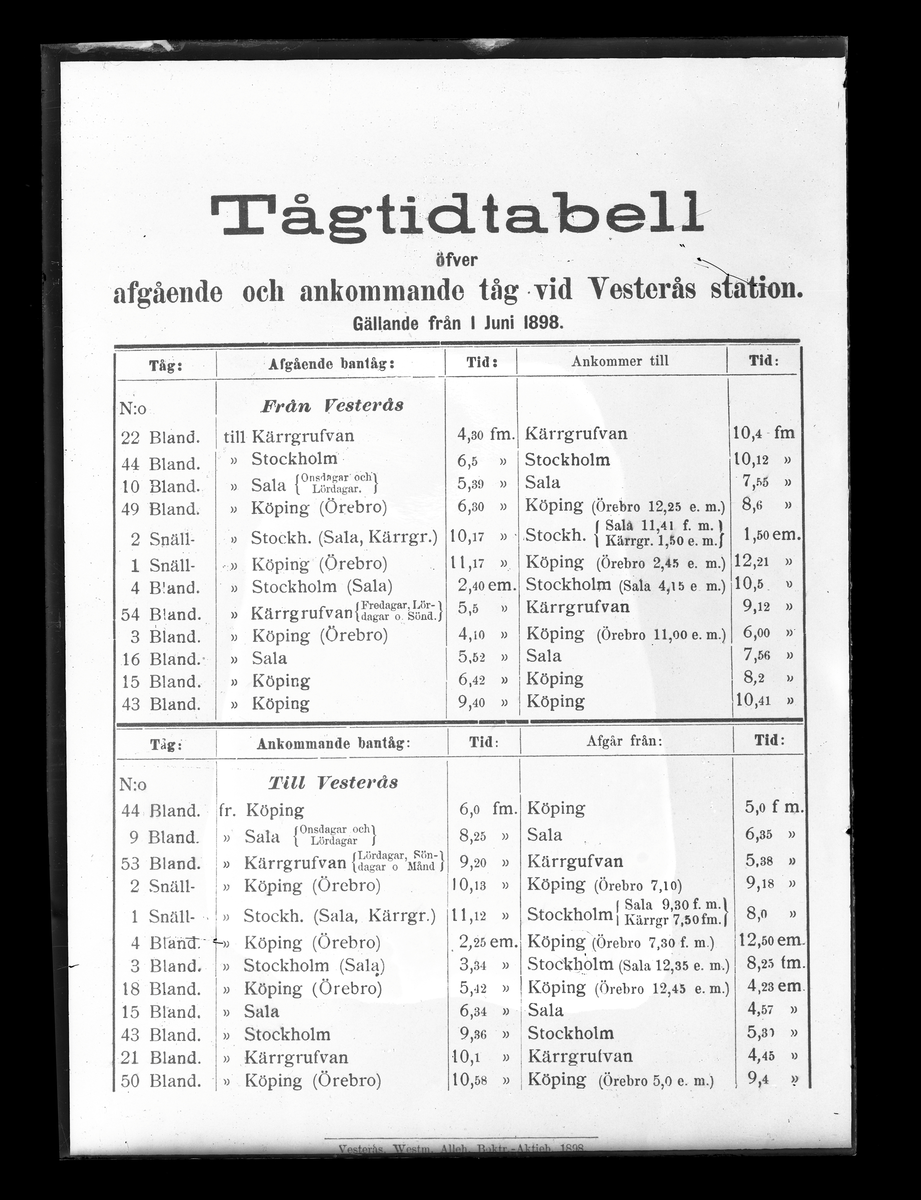 Tågtidtabell från 1898-06-01 gällande
järnvägen Stockholm - Västerås - Bergslagen, S.V.B.