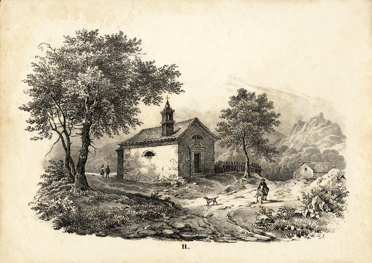 Skiss, blyerts. Ett litet kapell på landsbygden någonstans i södra Europa.

Inskrivet i huvudbok 1950.