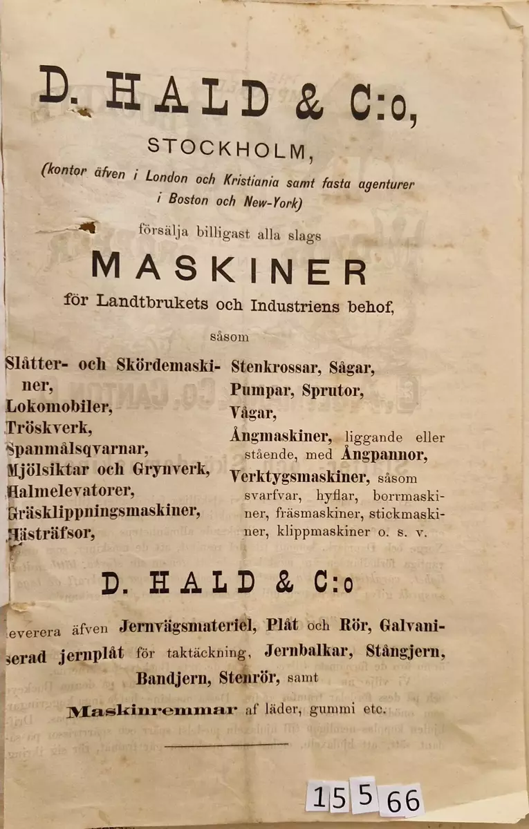 Priskurant från D. Hald & Co, Stockholm. 32 sidor. Ivar Haeggströms Boktryckeri, 1877, Stockholm.