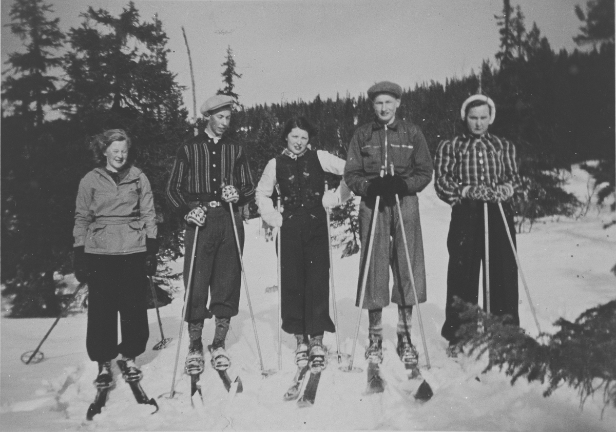 Ungdomslagstur til Grågalten i 1938. Fra venstre: Mathilde Skatvedt, Gunnar Ravnås, Åse Ravnås, Johan Moen og Astrid Nygård.