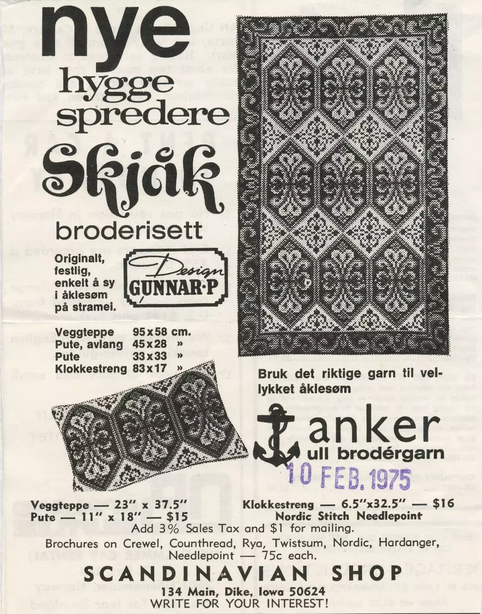 reklame for broderisett med norske mønster i amerikansk butikk