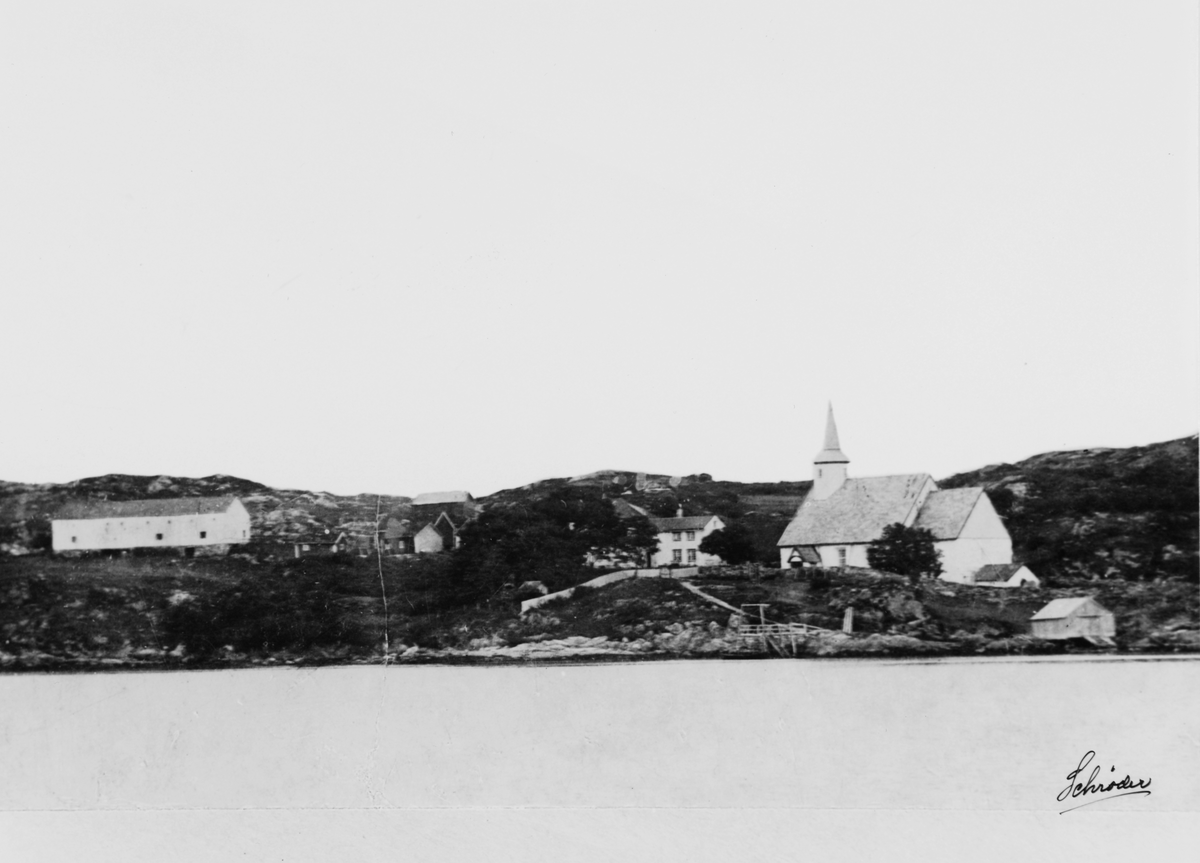 Prospektbilde, Dolm kirke og prestegård på Dolmøya, Hitra