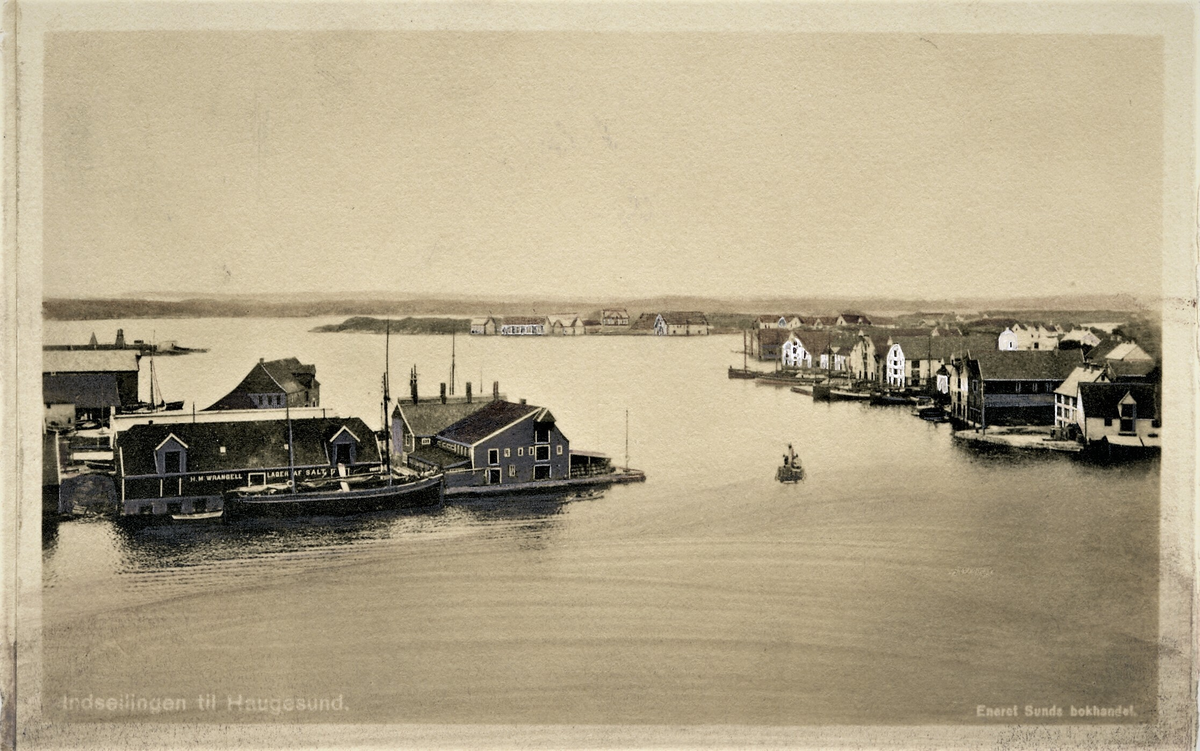 Et lite dampskip på Krossen, Smedasundet. Til venstre er Kortanes, Risøy, med H.M. Wrangells lagerhus og til høyre er Hasseløy og Lothebrygga med en sjøhusrekke ut mot sjøen. I bakgrunnen ligger Vibrandsøy.