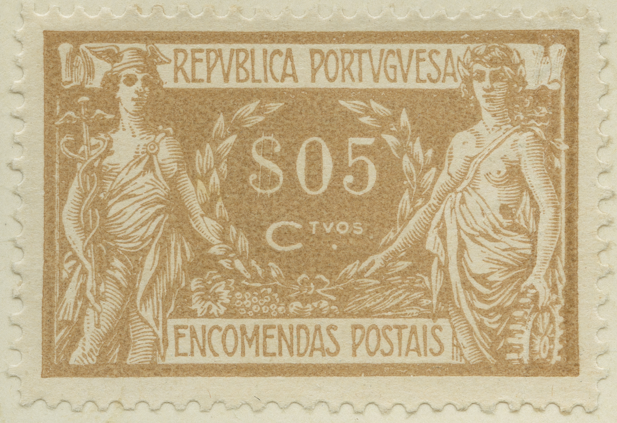 Frimärke ur Gösta Bodmans filatelistiska motivsamling, påbörjad 1950.
Frimärke från Portugal, 1920. Motiv av Mercurius - Stav "Commerce" - Kugghjul