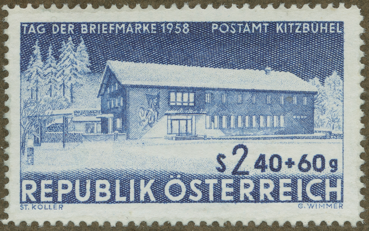 Frimärke ur Gösta Bodmans filatelistiska motivsamling, påbörjad 1950.
Frimärke från Österrike, 1958. Motiv av Posthuset i Kitzbuhel Frimärkets Dag 1958