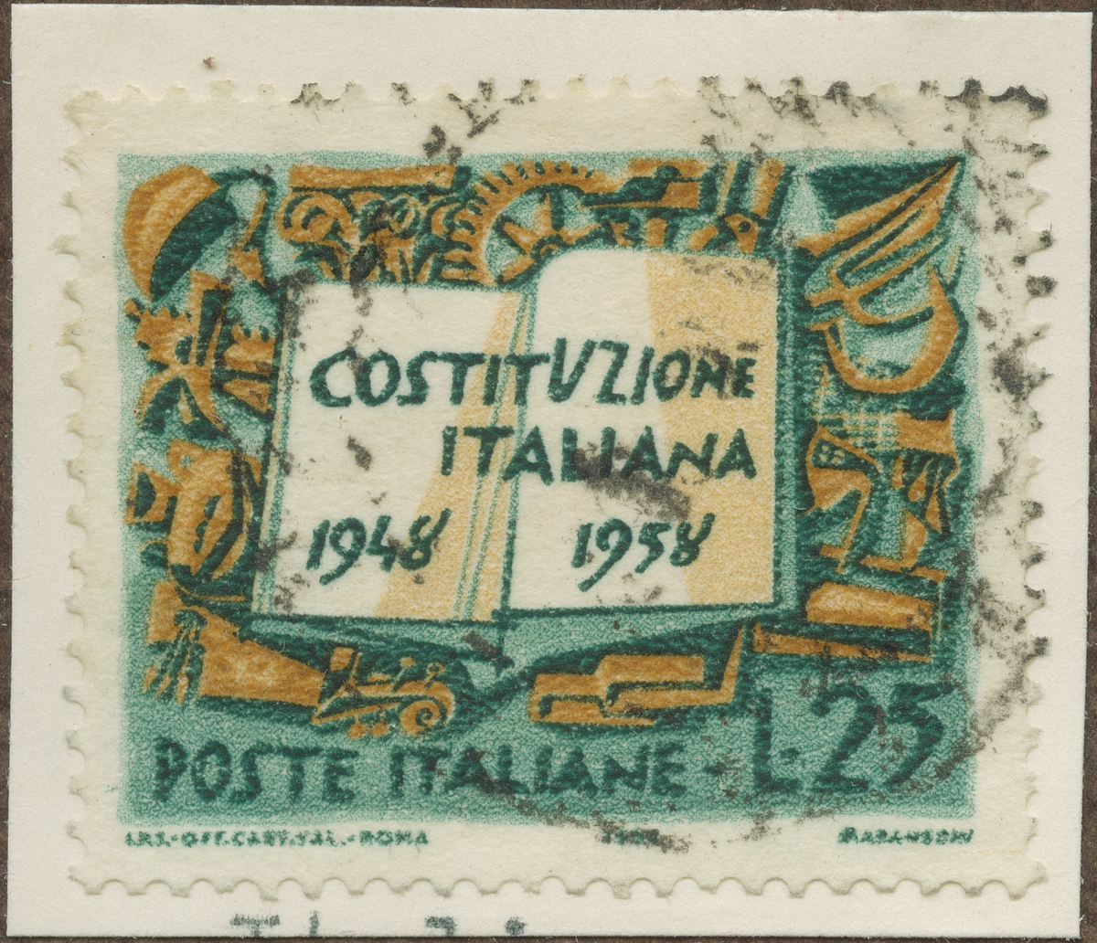 Frimärke ur Gösta Bodmans filatelistiska motivsamling, påbörjad 1950.
Frimärke från Italien, 1958. Motiv av Italienska Konstitution 10 år. 1948-1958.