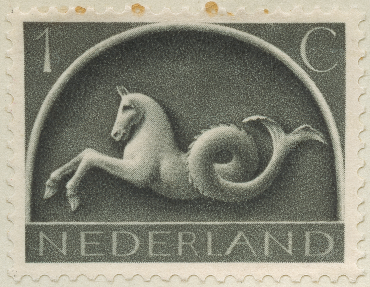 Frimärke ur Gösta Bodmans filatelistiska motivsamling, påbörjad 1950.
Frimärke från Nederländerna, 1943. Motiv av Symbolbild