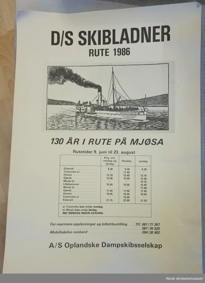 Informasjon og billettpriser for "D/S Skibladner rute 1986"