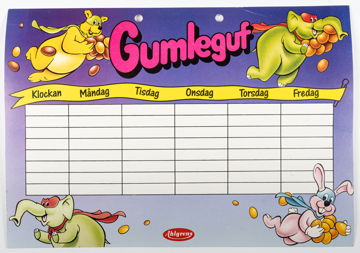 Skolschema, flerfärgstryck, med reklam för Ahlgrens Gumleguf godis.
