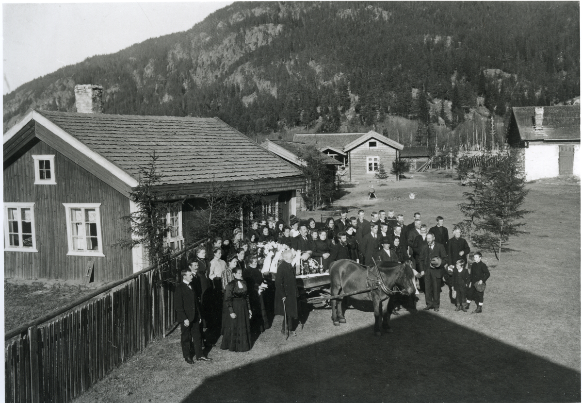 Begravelsesfølge på Liodden i 1911 etter Ragne Guttormsdatter Liodden, f.1838.
