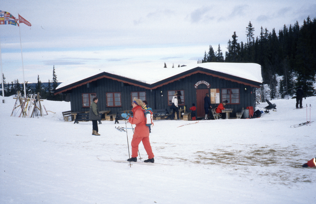 Fjellandskap. Nystølkroken kafè og skiturister.
