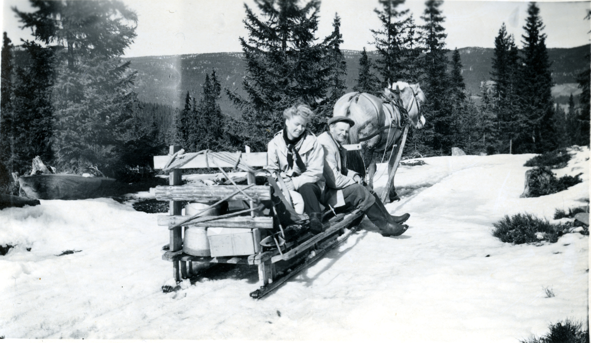Hest med slede
Hest og slede med påsketurister fra Bøgaset til Eidal i 1950. Bildet er tatt på gamlevegen ved Einan. Amund Smette er kjørekar.
