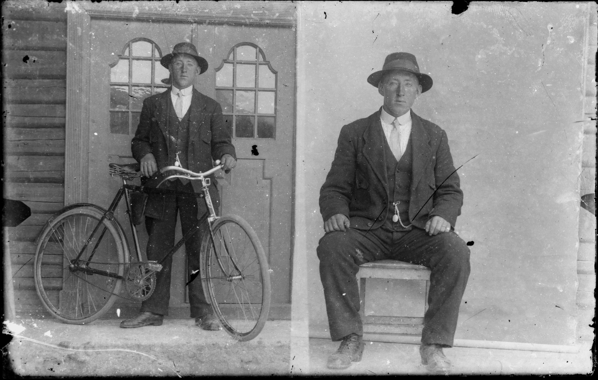 Portrett. En mann med sykkel og en sitter på en krakk/stol ?     Glassplate fra Hallibakken.
