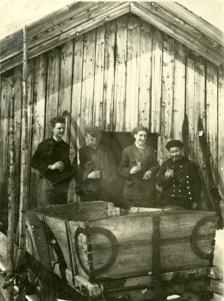 Påsketur i 1925 med hest og kjerre.  F.h. kjørekaren i &quot¤sølvknappeklær&quot¤ Ole Rodegård, Sverre Bekken (Oslo), leide hytte på Foss, Nils Kvarve Rodegard og venn av Sverre Bekken. Legg merke til &quot¤reisedrammen&quot¤. Bildet er tatt på Foss.
