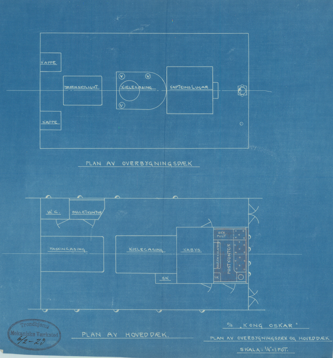 Blåkopi av tegning som viser plan av overbygningsdekk og hoveddekk på D/S Kong Oskar (Oscar), med markering av postarrangement.