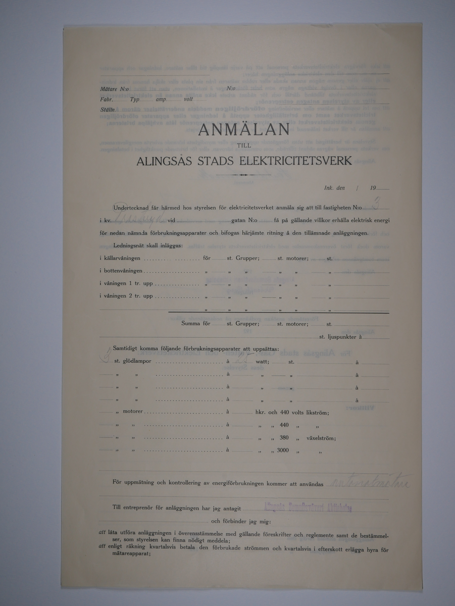 Alingsås Bomullsväveri AB

Bunt anmälningar till Alingsås stads elektricitetsverk, 1919 - 1938.

Gåva 1983-05 av Almedahls AB