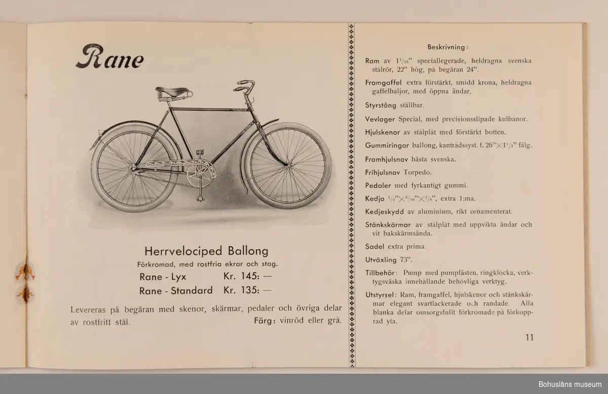 Reklamblad för cykelmärket Rane. Tillverkad i Uddevalla av Läckström & Widegren.