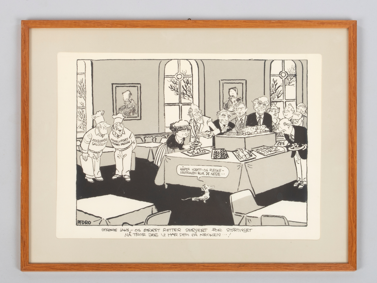 Karikaturtegning av en buffet stand på stortinget. Der det blir servert laks- og ørret retter til politikere, som Gro Harlem Brundtland og Odvar Nordli.