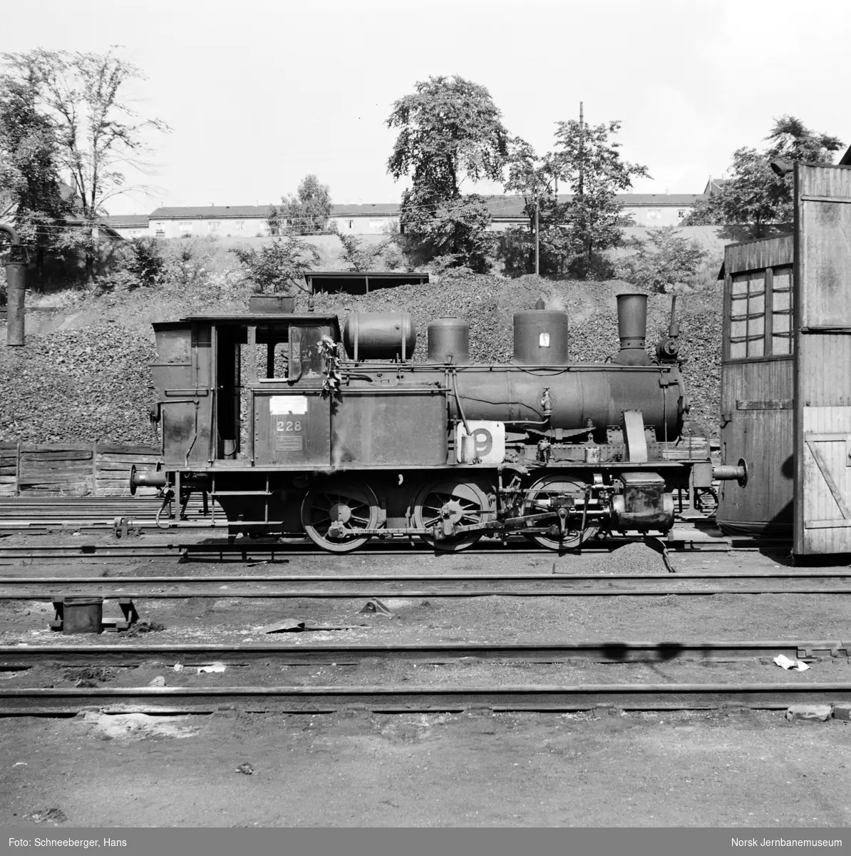 Damplokomotiv type 25a nr. 228 i skiftetjeneste utenfor Gamlestallen i Lodalen i Oslo