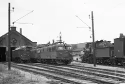 Lokomotiver utenfor lokomotivstallen på Hamar stasjon. Fra v