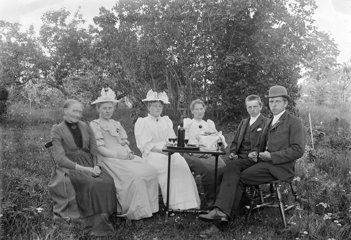 Ringsaker, gruppe 6, fra venstre: Julie Skappel ? (1833-1909), Agnethe Øhre (1872-1944) ukjent, Dorthea Solberg (1893-1984) Halfdan Skappel (1876-1950) Halvor Skappel (1872-1943) kvinneklær, hodeplagg, vin, flaske, glass, kaker,