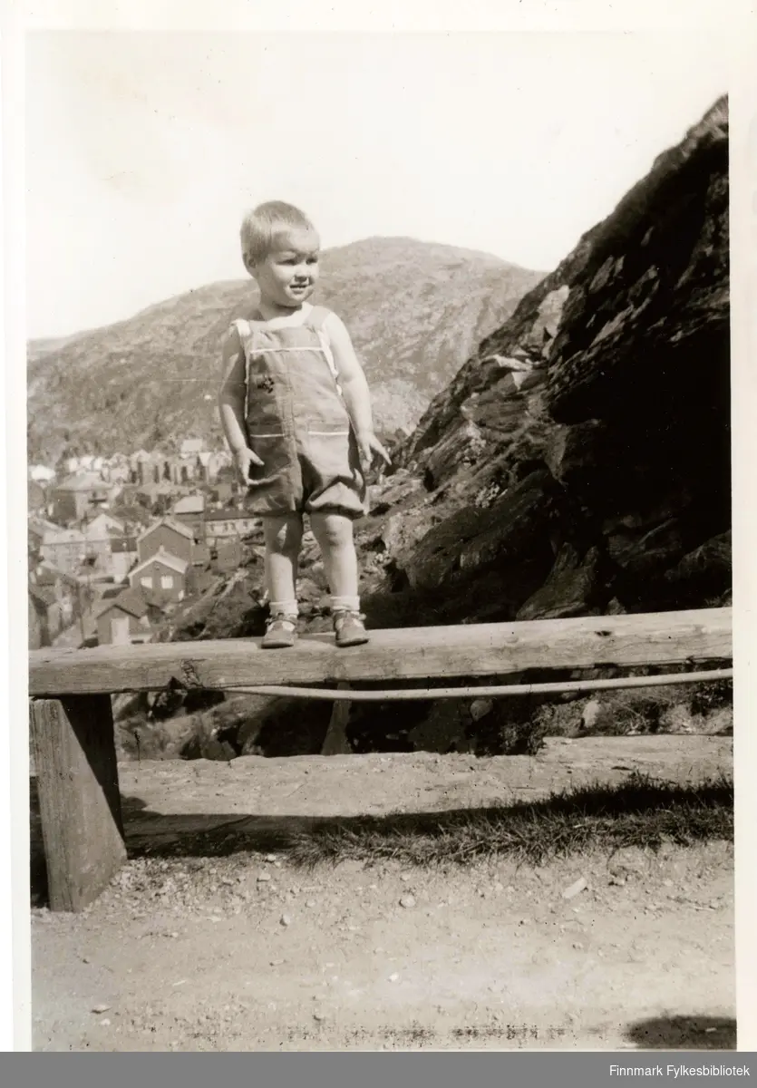 3 år gamle Eli Johansen (født Alexandersen) fotografert hjemme ved "Sikksakkveien" i Hammerfest. Sikksakkveien var og er en sti som går opp til Salen fra parken.  Bildet er tatt 8. juli 1941.